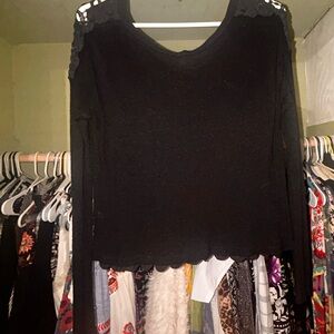 You are not alone black cropped long sleeve with black crochet